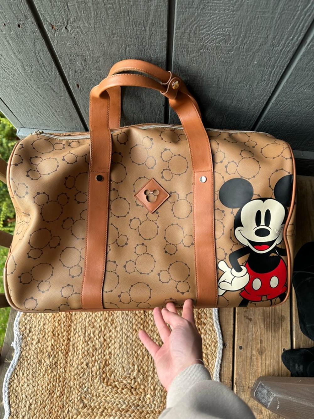 Disney Tan Mickey Patterned Duffel Bag with Brown Straps